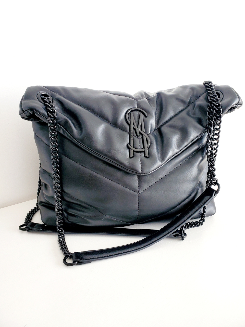 Steve Madden Black Quilted Puffer Shoulder Bag with Chain Strap